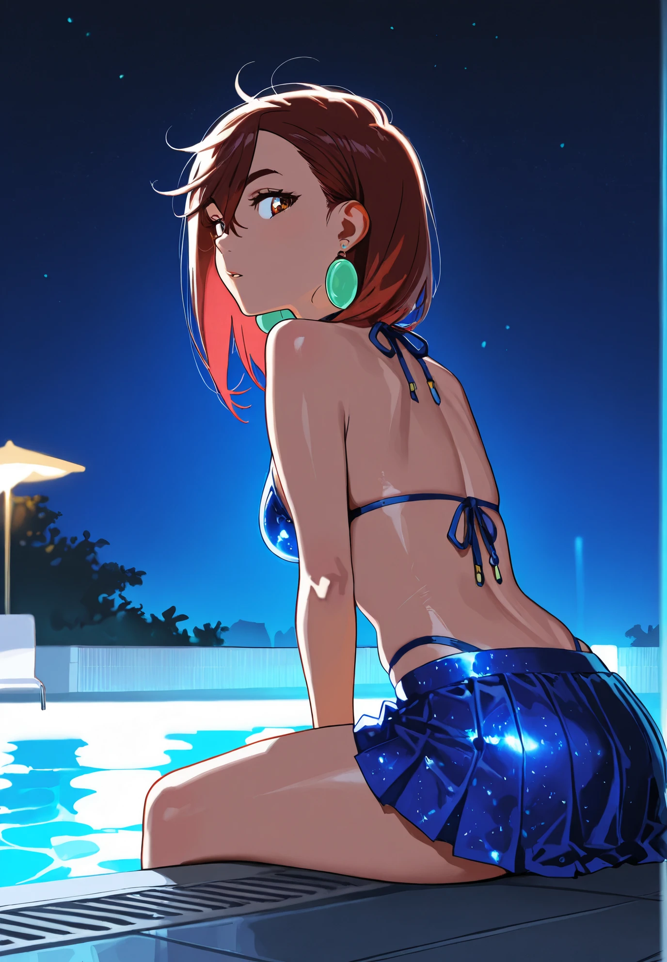1girl, solo, Dandadan, Ayase Momo, Dandadan,bikini,short skirt, sitting on a sunbed,sexy pose,alluring atmosphere, poolside,night time,cinematic lighting,BREAK,masterpiece,top quality,warm color,high resolution,high fashion,absurdres extremely,vivid colors,intricate details,best quality,amazing quality,very aesthetic,newest,ultra-detailed,nsfw,