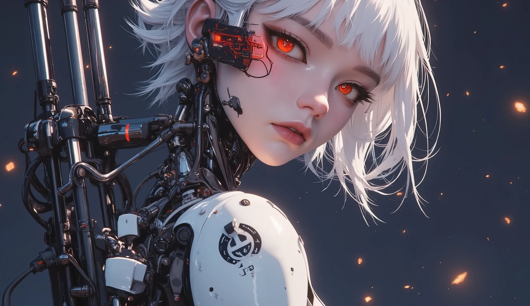 1mechanical girl,((ultra realistic details)), portrait, global illumination, shadows, octane render, 8k, ultra sharp,metal,intricate, ornaments detailed, cold colors, egypician detail, highly intricate details, realistic light, trending on cgsociety, glowing eyes, facing camera, neon details, machanical limbs,blood vessels connected to tubes,mechanical vertebra attaching to back,mechanical cervial attaching to neck,sitting,wires and cables connecting to head