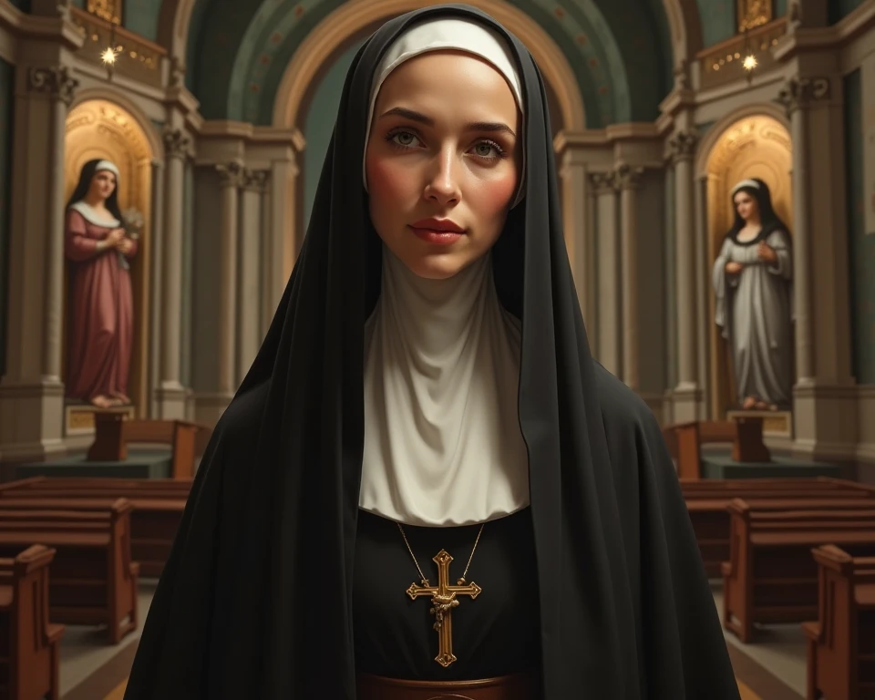 portrait of Saint Clare of Assisi in a Cathedral, nun, Damianite, white girl, young woman, wearing a brown habit covering her black hair, holding monstrance on her chest, clear facial features, cinematographic, photo shoot, filmed with a 25 mm lens, depth of field, tilt blur, shutter speed 1/1000, f/22, white balance, 32k, super resolution, Pro Photo RGB, half backlight, backlight, dramatic lighting, incandescent, soft lighting, volumetric, Conte-Jour, global illumination, screen space global illumination, scattering, shadows, rough, flickering, lumen reflections, screen space reflections, diffraction grading, Chromatic aberration, GB shift, scan lines, ambient occlusion, anti-aliasing , FKAA, TXAA, RTX, SSAO, OpenGL-Shader's, post-processing, post-production, cell shading, tone mapping, CGI, VFX, SFX, incredibly detailed and intricate, hyper maximalist, elegant, dynamic pose, photography, volumetric, ultra-detailed, intricate details, super detailed, ambient --uplight --v 4 --q 2
