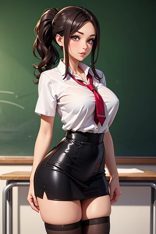 a school teacher in school teacher attire that is tight and she has a tight big ass with a short tight skirt with a ruler in both hands with e cup breast and black hair red eyes