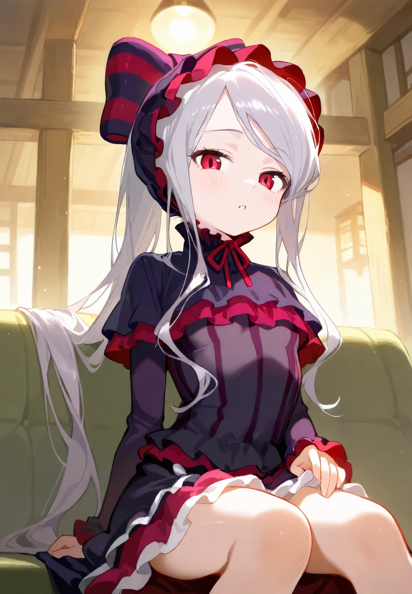1girl, solo, Shalltear Bloodfallen,Overlord, dress, sitting on a sofa,sexy pose,alluring atmosphere,mountain cabin,night time,cinematic lighting,BREAK,masterpiece,top quality,warm color,high resolution,high fashion,absurdres extremely,vivid colors,intricate details,best quality,amazing quality,very aesthetic,newest,ultra-detailed,nsfw,