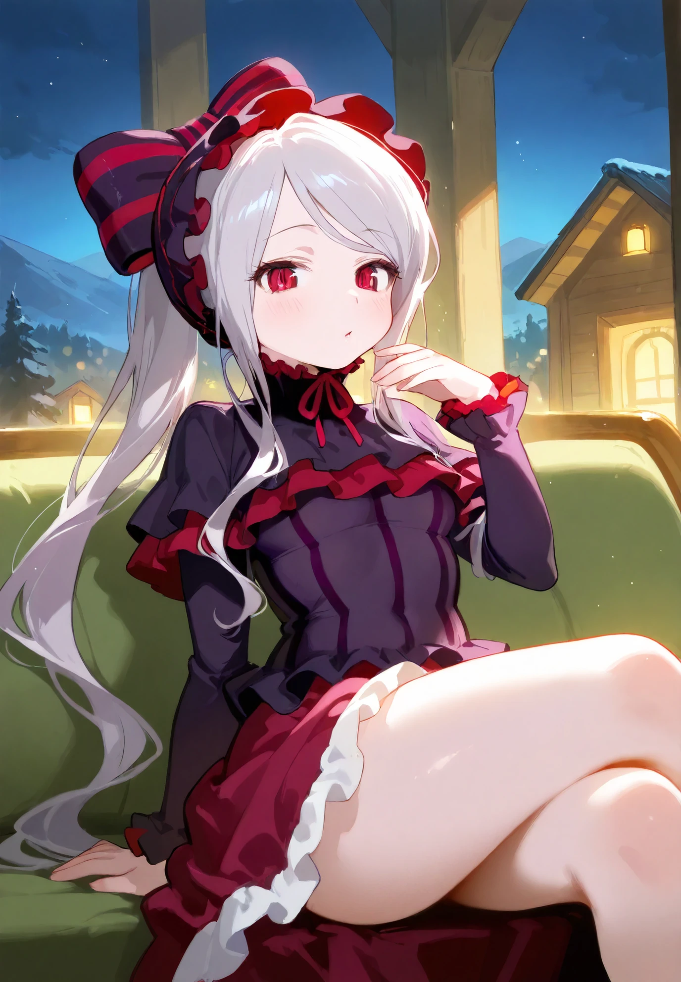 1girl, solo, Shalltear Bloodfallen,Overlord, dress, sitting on a sofa,sexy pose,alluring atmosphere,mountain cabin,night time,cinematic lighting,BREAK,masterpiece,top quality,warm color,high resolution,high fashion,absurdres extremely,vivid colors,intricate details,best quality,amazing quality,very aesthetic,newest,ultra-detailed,nsfw,