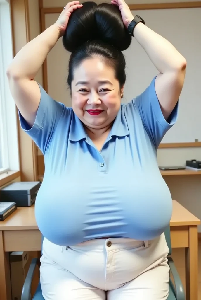 Female in her 50s, Pregnant women、A MILF(1 The Ultimate Beautiful Secretary), hyperdetailed face, Detailed lips、Detailed eyes、Double eyelids、((Blue long straight hair:1.6)), (Black Secretary Costume:1.4), (Plump body:1.2), (Huge breasts)、Smile、(thighs thighs thighs thighs:1.3), Perfect fit, Perfect image realism, Background with: (s Office:1.6), Cowboy Shot, Meticulous background, detailed costume, Perfect litthing、Hyper-Realism、(Photorealsitic:1.4), 8K maximum resolution, (​masterpiece), Highly detailed, Professional, Female in her 50s, Pregnant women,