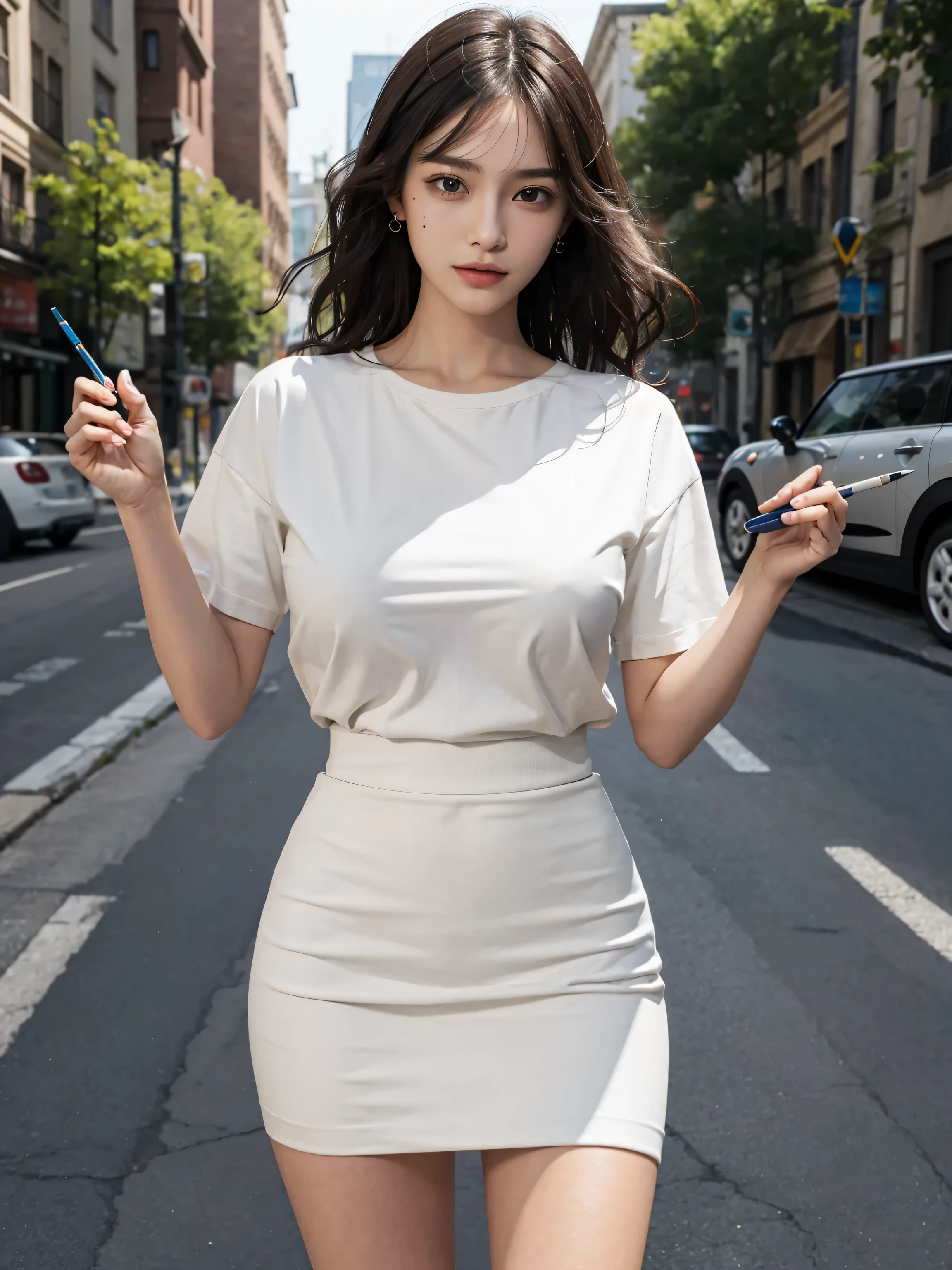 absurderes, Raw photo, Extremely delicate and beautiful, masutepiece, Best Quality, Ultra High Resolution, 16 K, hyper realisitic, Ultra-detailed, Perfect Anatomy, Ultra-detailed細なスキン, Perfect figure, Very detailed CG 8k wallpaper, in her 20s, Very slim body, Narrow waist, Very small head, Very small face, Very detailed face, Very detailed eyes, tear moles, Earring, thin legs, ((very massive round chest)), 1 rapariga, ((Full body shot)), Bare legs, Short hair, Wavy Hair, light brown hair, ((dressed casually)), Street,