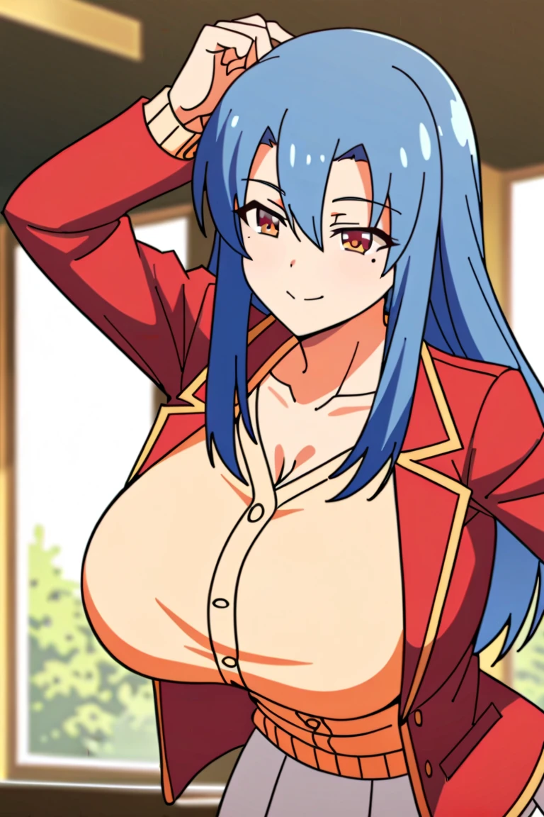 Highschool dxd, Xenovia, 1girl, (((bimbo))), short blue hair, yellow eyes, puffy lips, painted lips, thick lips, cat ears, wide hips, thick thighs, huge ass, erotic Smile face, bubble butt, camel toe, Breasts, skirt, school outfit, posing hand signs
