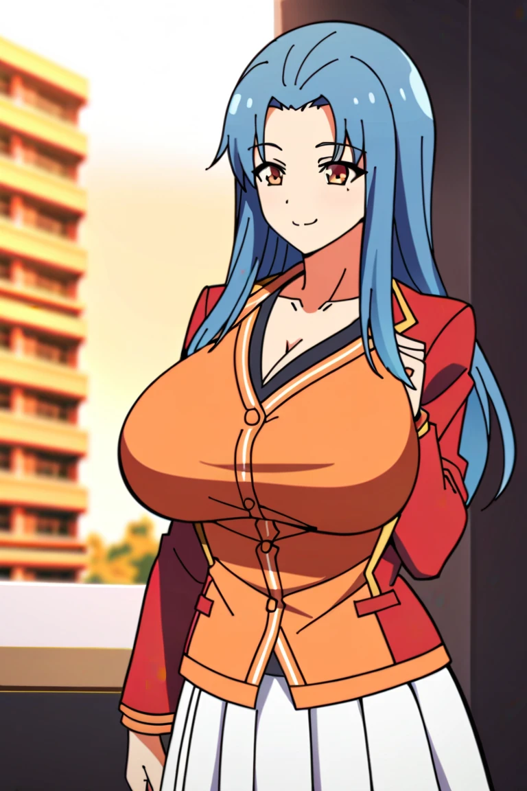 (16k, best quality, masterpiece:1.2),,retro artstyle,mall, shopping center,indoors,solo,1girl,maron,(red short dress), bare shoulder,(blue eyes,aqua hair,blunt bangs),off shoulder,standing, light smile,looking at viewer,(arms at sides), huge breasts, short sleeves,long hair, thick thighs,wide hips