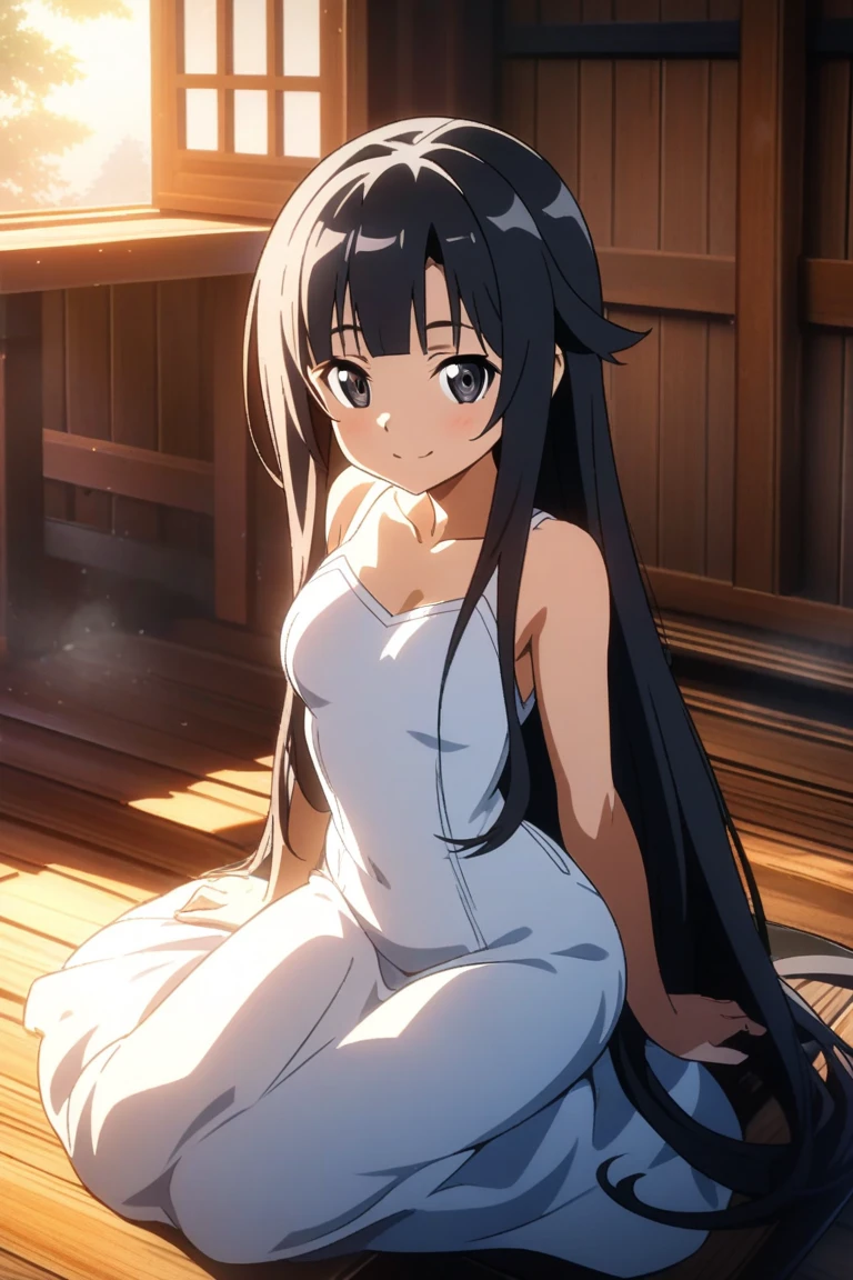 a  cute anime girl sitting gracefully on the wooden floor inside a warm log cabin, straight black hair with blunt bangs and sidelocks (hime cut), long flowing hair reaching down her back, big black eyes, gentle smile, wearing a soft white one-piece dress that flares gently around her as she sits, soft natural lighting from a wooden-framed window, cozy peaceful atmosphere, detailed wooden interior, warm ambient light, full body, anime style, ultra detailed, masterpiece, soft shading, resembling Yui from Sword Art Online, a  cute anime girl sitting gracefully on the wooden floor inside a warm log cabin, straight black hair with blunt bangs and sidelocks (hime cut), long flowing hair reaching down her back, big black eyes, gentle smile, wearing a soft white one-piece dress that flares gently around her as she sits, soft natural lighting from a wooden-framed window, cozy peaceful atmosphere, detailed wooden interior, warm ambient light, full body, anime style, ultra detailed, masterpiece, soft shading, resembling Yui from Sword Art Online