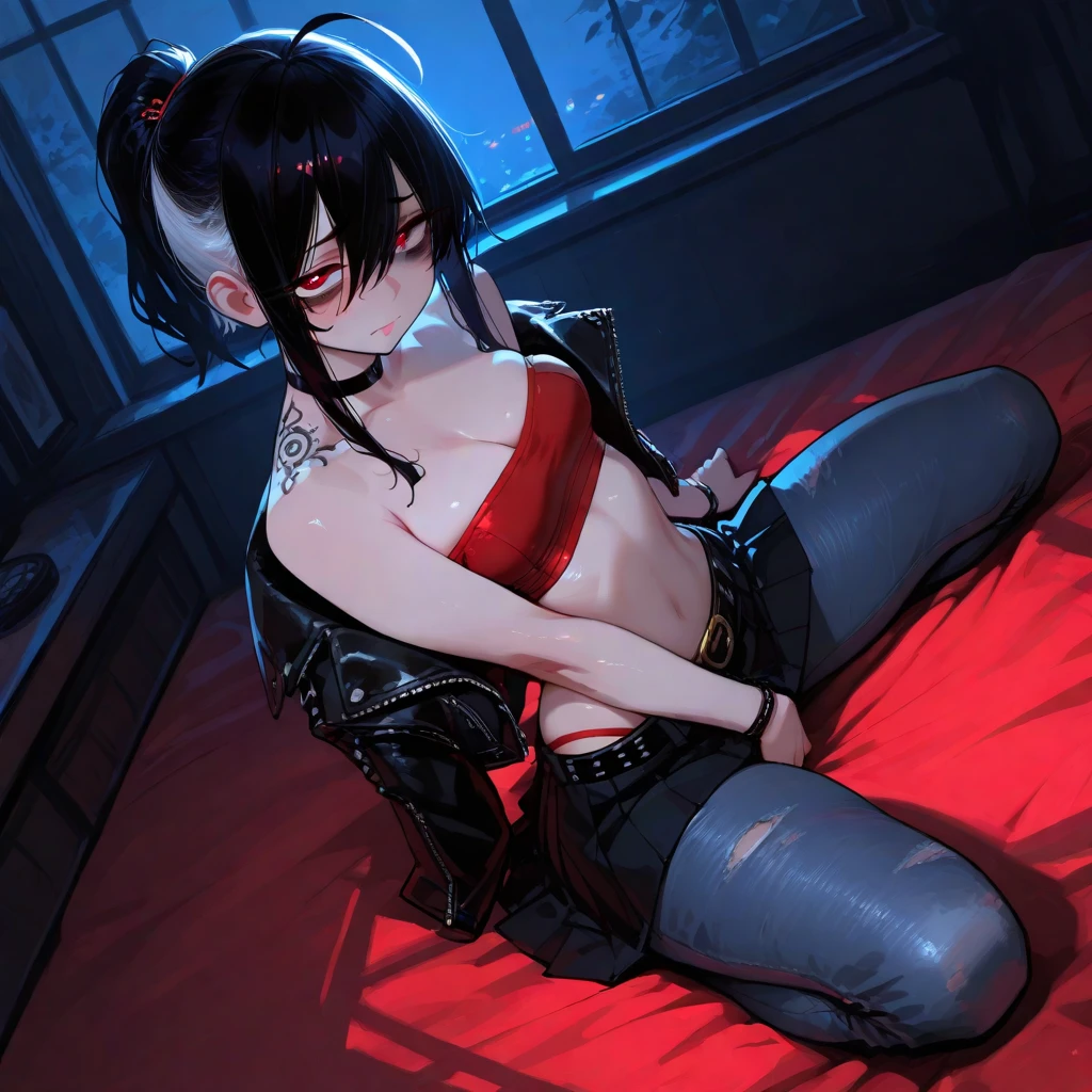 thin asian in black mesh bodysuit and stockings with a gorgeous highly detailed (((womb tattoo on stomach))) showing her breasts posing in a bdsm red cross nurse outfit, full body, masterpiece, best quality 4k HDR high resolution realistic photograph