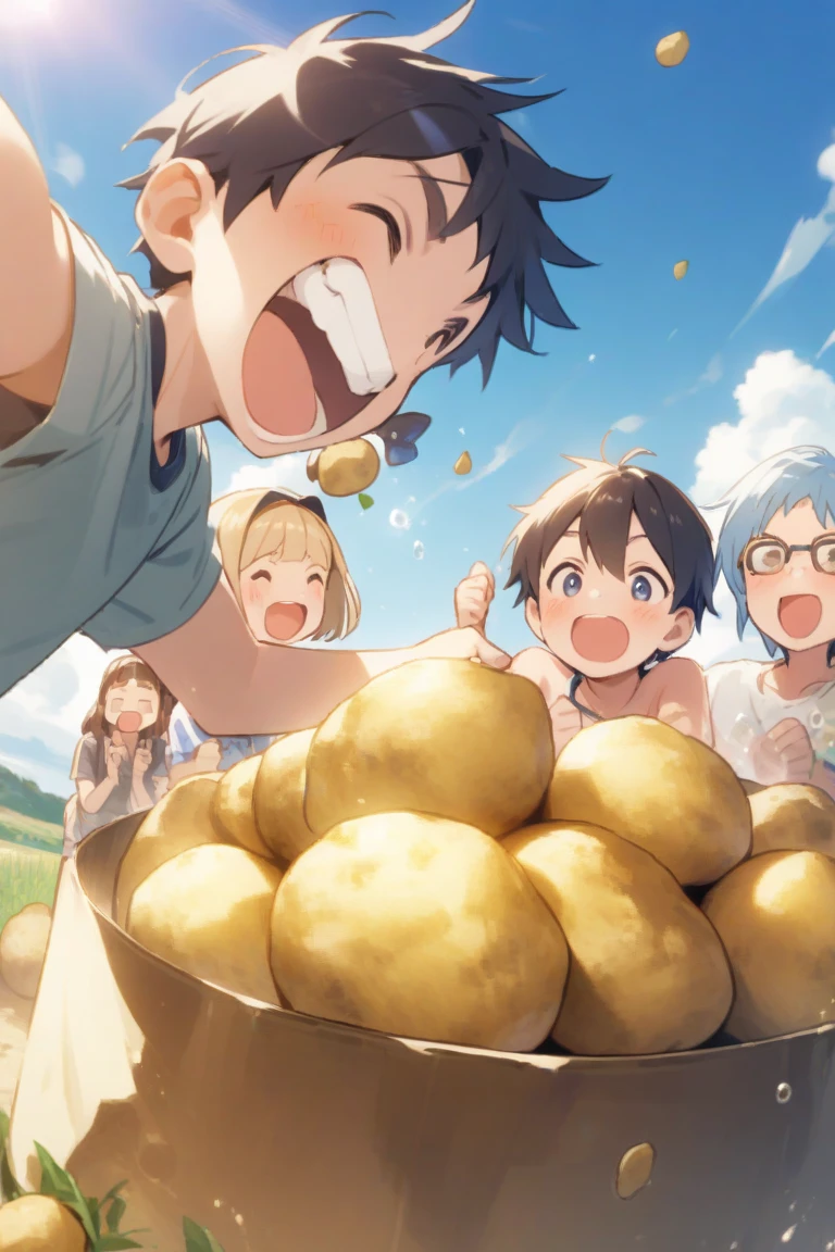 Best image quality、A boy holding rice balls in both hands、Plump Cheeks、(口の周りのrice粒)、Beige Parka、ショートカットのBrown Hair、Open your mouth wide、happiness、Eat rice balls、Triangle、rice、anime, One boy, Handa Shinichi, Brown Hair, Brown eyes, stop temporarily,Composition looking up from below、please sit down