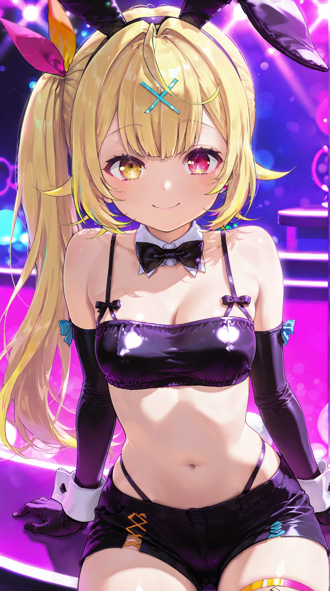 (8K、Highest image quality、highest quality、masterpiece)、detailed face、1 girl、blonde、((two side up))、purple eyes、evil smile、((grin))、Moderate chest、((playboy bunny))、 cowboy shot、spread legs standing、fold your arms behind your head、stage background