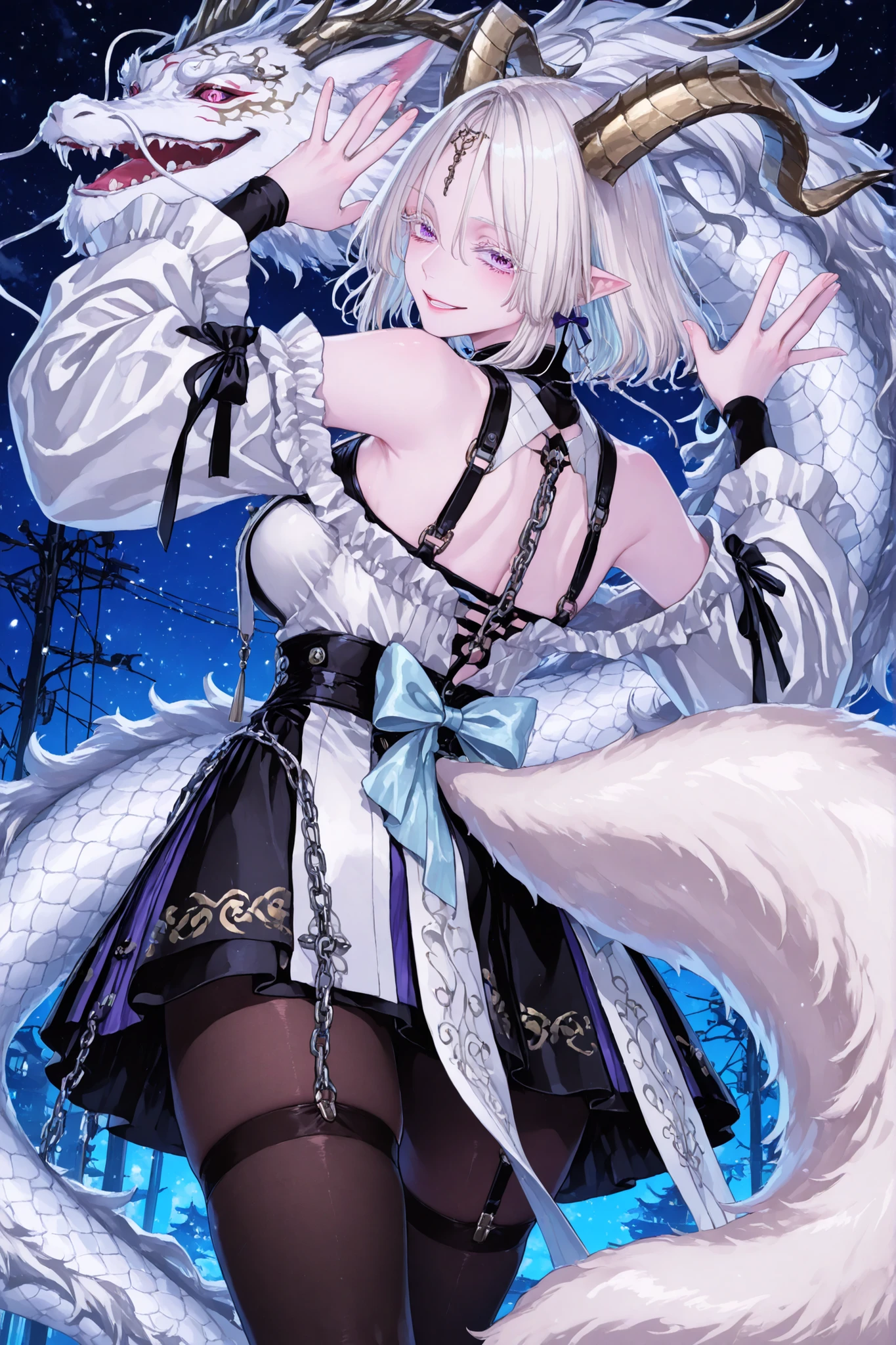 papel de parede 8k、 Qualidade superior 、obra-prima、orelhas de urso, 748cm スThailandル 、camisa preta, mulher 1 pessoa、fita、 layers and fluffy buttons of a voluminous skirt、 voluminous fluffy and large sleeves with open shoulders 、big fluffy bow on the back, long fox tail with cute ties, chains and accessories in it, pantyhose 、 Black knee-high socks 、Rororogi Mogera、 tira de estilo 、 Thailand、 pantyhose 、、white hair with pink stripes、albino white eyelashes 、 cabelo comprido、 、blue fita bow in the head、 pretty pastel purple eyes、 quadris largos、coxas salientes 、 Pale pink skin , seios muito grandes 、 fundo azul claro 、 fundo simples、 lazy smile 、 alto detalhe, levantando-se、 leaning toward the camera, making a cute pose for photo with hands, corpo inteiro, big horns Chinese dragon with cute bows and chains on it, fluffy bow at the waist