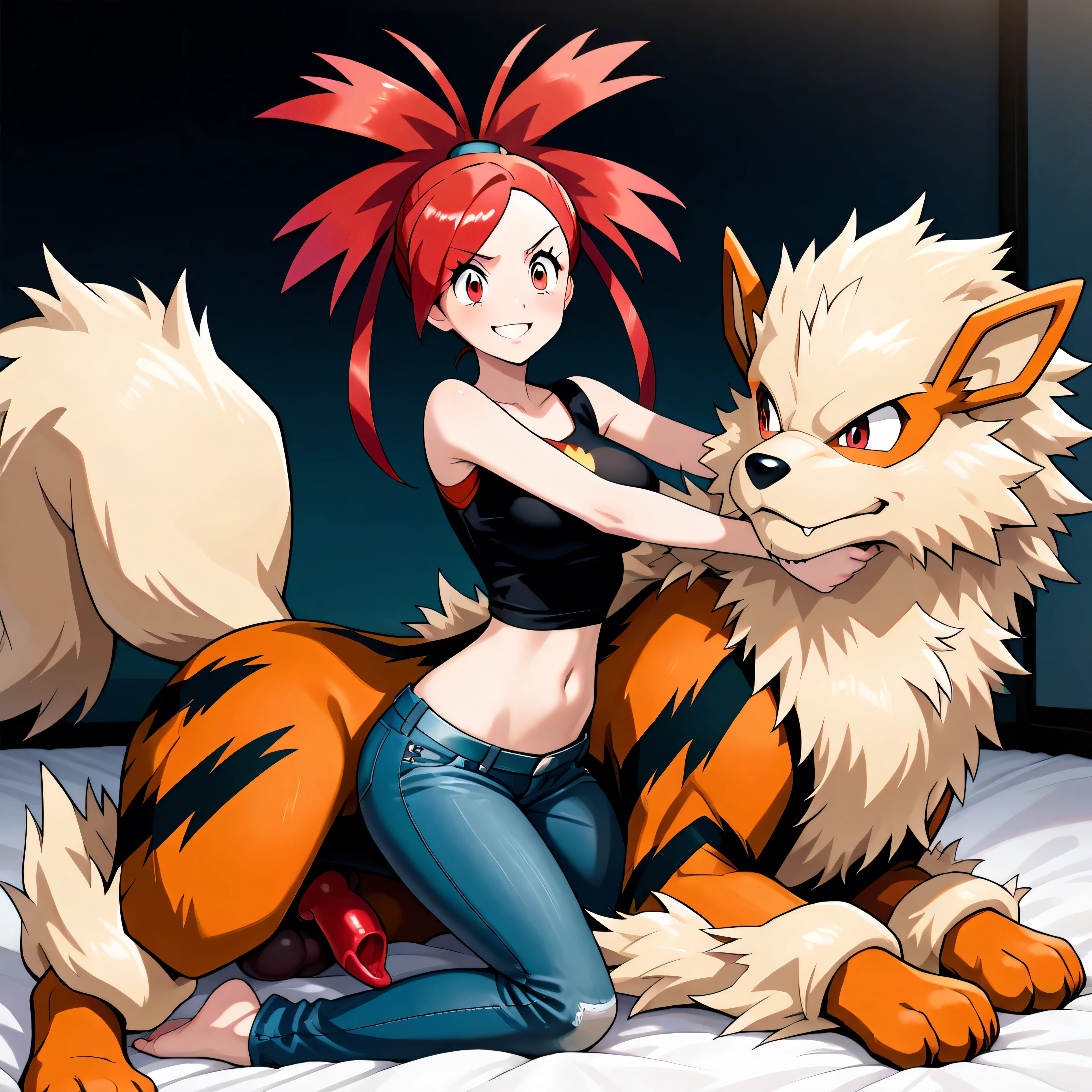 masterpiece, best quality, amazing quality, in small room, on bed, 1girl, couple, flannery (pokemon), red hair, red eyes, black shirt, narrow waist, midriff, navel, denim jeans,, looking at each other, shocked, girl on bottom, BREAK, arcanine, smug, feral, quadruped, rearing up, large testicles, visible penis, knotted penis, dog penis, arcanine on top,