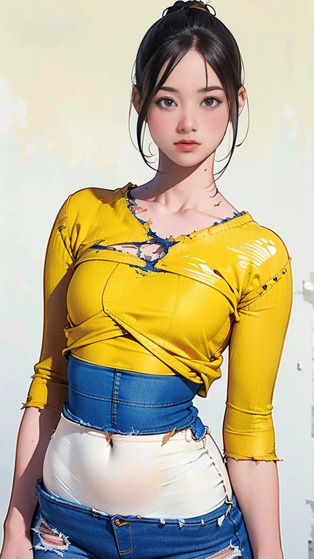 ((Ranma-chan: 5)) Best Quality, Ultra High Resolution, Masterpiece, (Realisticity: 1.6), 16K, (1girl with open belly button), white stockings, rainforest, flowers, braided ponytail, single ginger braid, school uniform skirt, (upskirt), (underboob), big breast, erect under the top, extra-fine clothing material,, visible through the top
