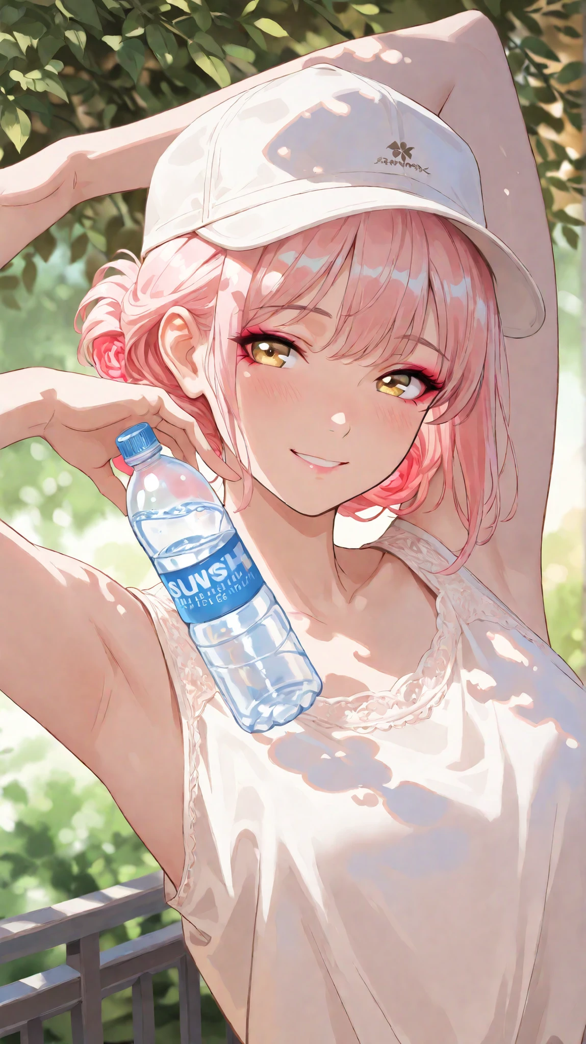 1girl, penis awe, surprised, spoken heart, huge phallic waterbottle