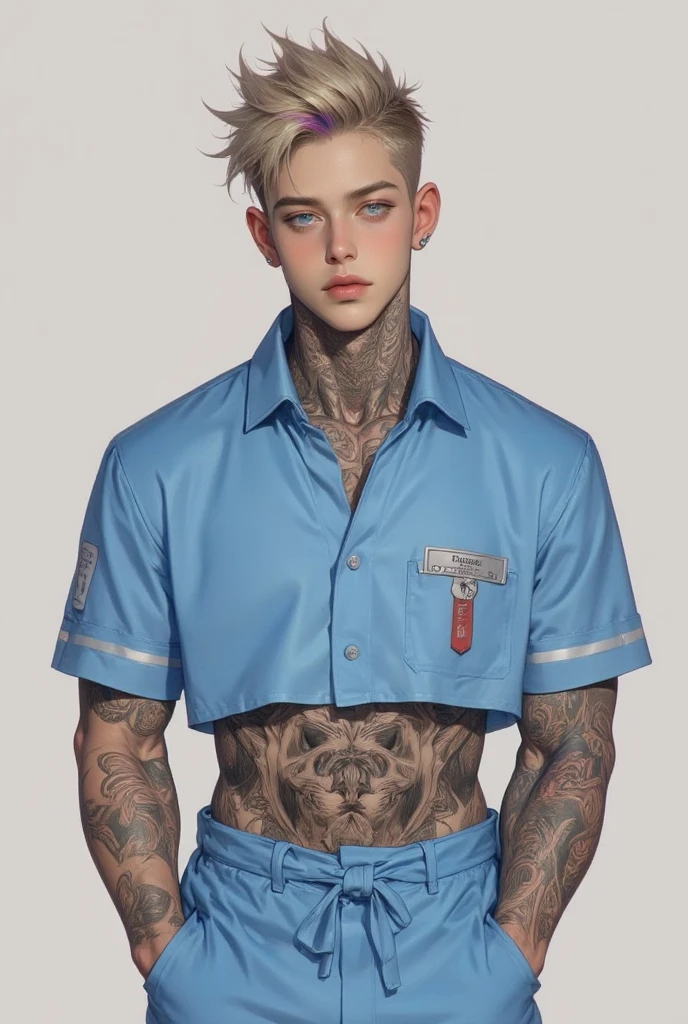 Handsome, 25 years old, mestizo, master work, best picture quality, higher quality, high detail, ultra-high resolution, 8k resolution, delicate facial features, boy, big muscles, tattoos, glowing eyes, short hair, hair details, , legs apart [[look away, look to the side, emphasize homosexuality and pay attention to every detail , Topless, white tight transparent pants, ((((crotch bulge))))), tattoo arm with flowers, flowers as background