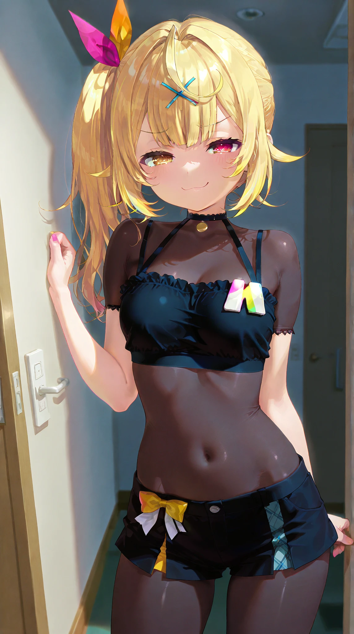 (masterpiece, best quality:1.2, perfect hands, parfect fingers, parfect face, high resolution, high detail, 4k,) 1 girl, (, little, junior, teen, teenage, student, little age, young, young age, green age, )slime, blonde hair, red hair, gradation hair, forehead, messy hair, piercing ear, white shirt, bare breast, tie, tight skirt, flat chest, ((dark skin)), (((skinny, ribs))), half open eyes, ((black eyeshadow, black shadow under eye)),