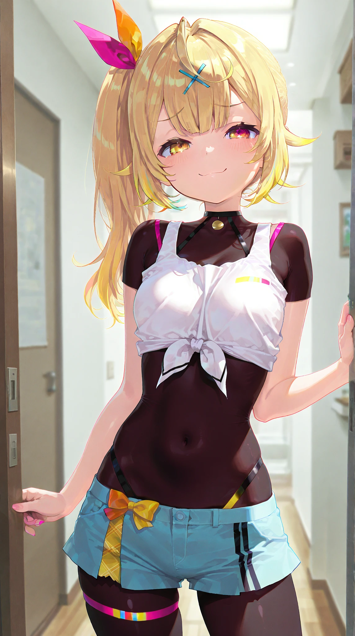 ((highest quality、８K、High resolution、masterpiece、Super detailed))、一人のyoung girl、（young girl）、Full body photo of the front、((standing))、looking at the camera、golden hair、red eyes、long hair、Big eyes、smile、school swimsuit、vampire、(black stockings)