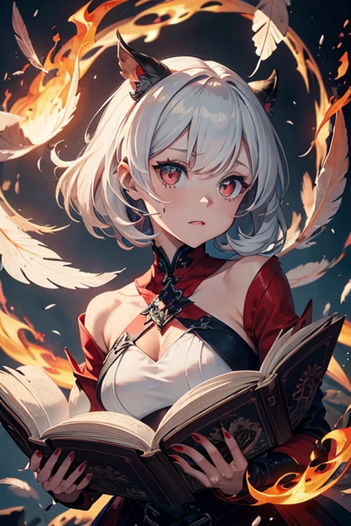(Highest quality, 8k, 32K, masterpiece, Ultra-high resolution,:1.2),to be born, One Girl,So cute ,Inflammatory background, A fantasy background reminiscent of an electronic world, clear, Shining Eyes, Age 25 ,Fair skin, Ink hair girl, Long Hair, An innocent smile, Red eyes, Pierced ears sparkle, An elegant necklace adorns her slender neck., Rings and bracelets decorate the fingers. expensive_Big Breasts, Big Breasts, ponytail, Wizard,, short hair, Hostile,Flame in the hand, I have a spellbook, anger