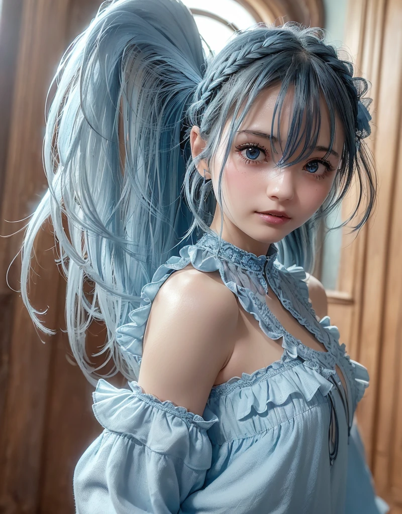 ultra realistic 8k cg, masterpiece, ((ultra detailed background, delicate pattern, intricate detail)), best quality, intricate details, chromatic aberration, 1girl, long hair, light blue hair, messy hair, hair over one eye, sharp eyes, choker, brick wall, graffiti, dim lighting, alley, oversized shirt,off shoulder, see through white shirt, Masterpiece, best quality