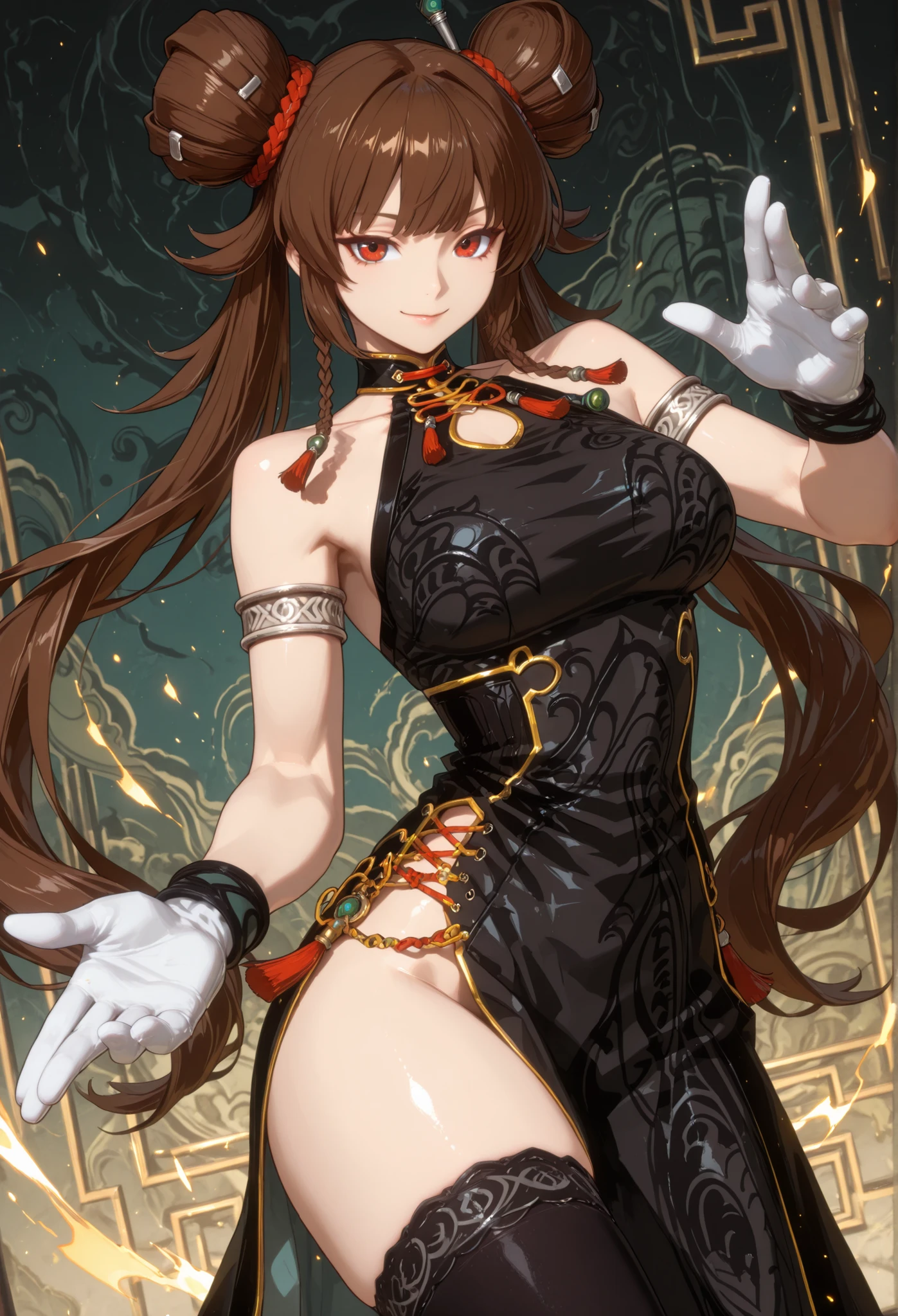 (masterpiece), best quality, expressive eyes, perfect face,((((1girl)))),(fox girl, fox ears, fox tail),((light brown hair)),(glowing yellow pupils),(huge breasts:1.4),cleavage,(goddess:1.2),(black and gold ornate dress:1.5),high heels,crystal pendant,circlet,earrings,armlets,gold bracers,evil smile,standing,fighting pose,lightning scenary, yellow lightning,red lightning,cowboy shot,gold garterbelets,black stockings