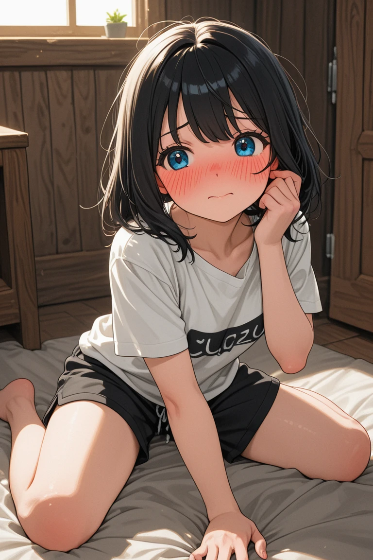 ((Highest quality)), ((masterpiece)), (detailed),(（nymph）),13 years old, Black Hair,(Childish face), (Bob Hair), Girl ,small Breasts ,, ((Blue eyes)),shy-smile, Night time, ((white Bathrobe)), reading Light ,Bedroom ,((extreme_close_up)) , ((crawling position)), (seductively posing),