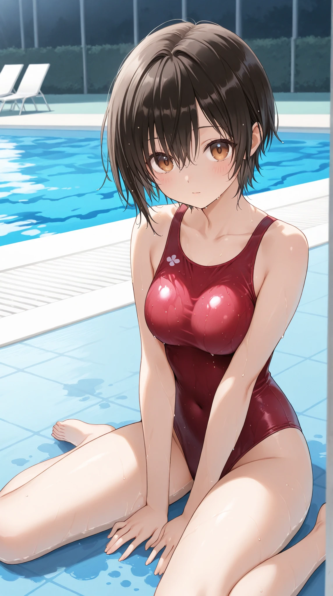1人の女性、Close up of woman posing for photo, Japanese Models, Beautiful Asian Girl, 18-year-old female model, 4K、bangss、A dark-haired、bobhair、Middle hair、Straight hair、(red swim wear), (Super cute face in idol style:1.2)、slim and beautiful figure、beutiful breast、Smaller chest、A smile、a park、blue-sky