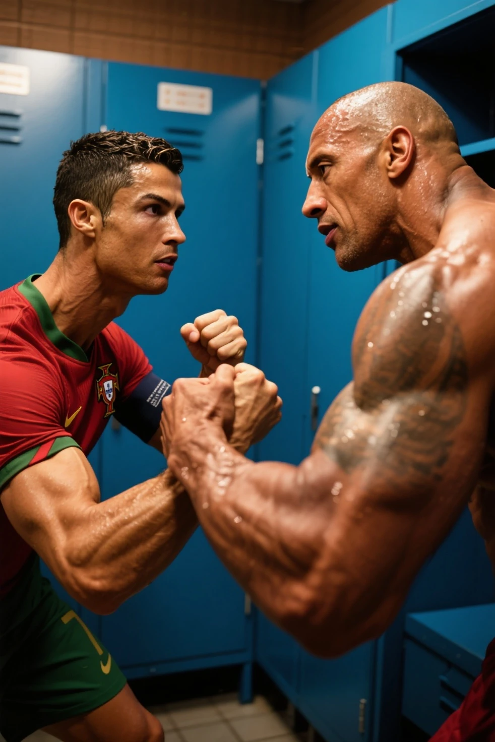 there are two men standing on a soccer field with one of them showing off his muscles, making of, on the field, alessio albi and shin jeongho, john picacio and brom, cam de leon, posing for a fight, lucas graziano, roberto ferri and ruan jia, daniel mirante, posing for battle