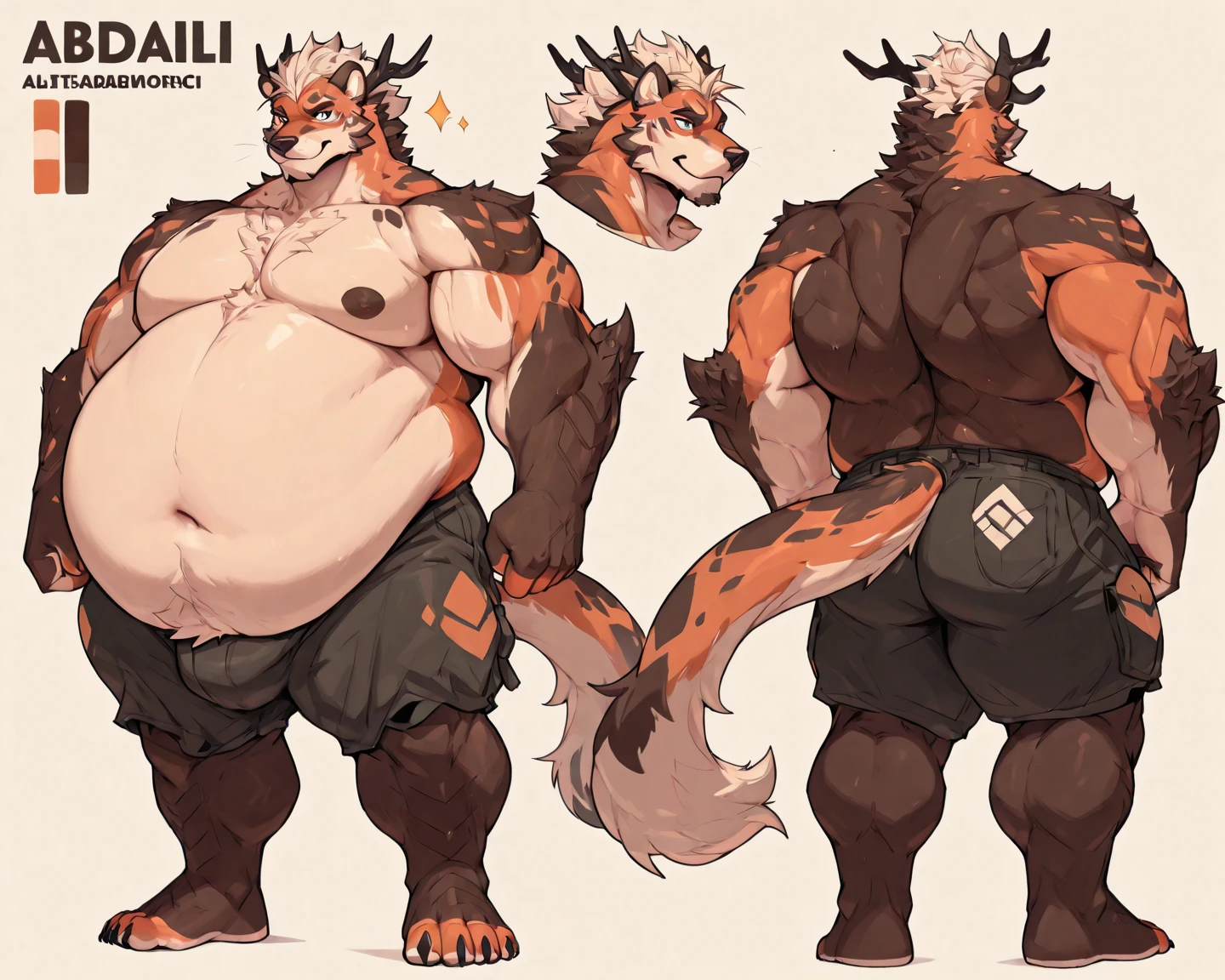 ultra-detailed, masterpiece, masterwork, high quality, best quality, hdr, ((reference sheet, three views from front, back and side, costume setup materials)), posted on e621, (by hioshiru), nsfw, male, chibi, (white little body minotaur), hairy dragon, (long golden hair, yellow eyes, white chubby body), standing, (nude, foreskin, perfect balls)