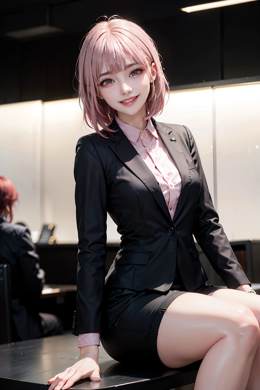 1人の女性、Business Skirt Suit、bangss、A smile、Computer Use、s Office、bloom, 电影灯光、(8K、masterpiece、top-quality、Raw foto)