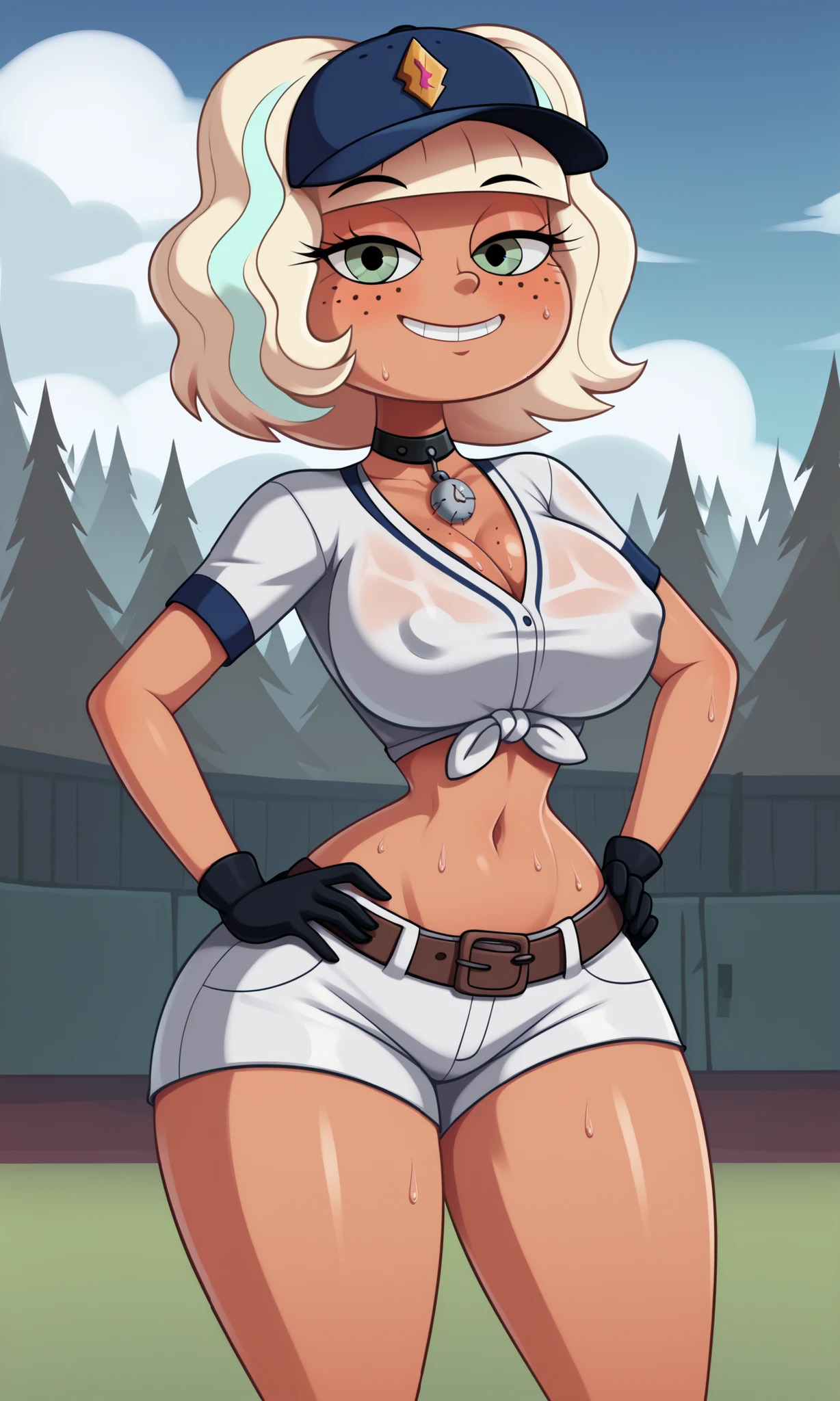 masterpiece, detailed image, soft skin, style_2d_chibi, Jackie Lynn Thomas (Star Vs The Forces Of Evil), JackieLynn, blonde hair, short hair, multicolores hair, green eyes, freckles, pendant, choker, large breasts, narrow waist, wide hips, looking at viewer, hands on own hips, highres, high quality, masterpiece, ,, ,1 girl, baseball uniform, hat, solo, baseball, gloves, ((white_uniform)), baseball cap, sportswear, baseball glove, belt, shorts, black gloves, hits, smile, holding, white shorts, shirt, ball, hips, curves, thick thighs, (baseball glove), big breasts, cleavage, covered nipples, outdoors, baseball field, stands, clouds, trees, smile, tied shirt, crop top, navel, belly, blush, flushed, oiled skin, sweat,, ((ransu33 art style))