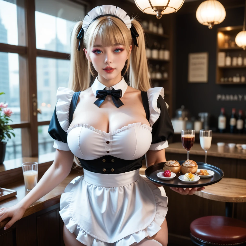 1girl, (17 years old), super straight long dazzling shiny bright blonde hair, long silky bangs, Shining pale light blue eyes, smiling broadly, (huge breasts:1.8), ((playboy bunny, pantyhose, bunny ears, highleg, highleg leotard, black leotard, leotard, cuff links)), at casino, she have a tray with some cocktails on it