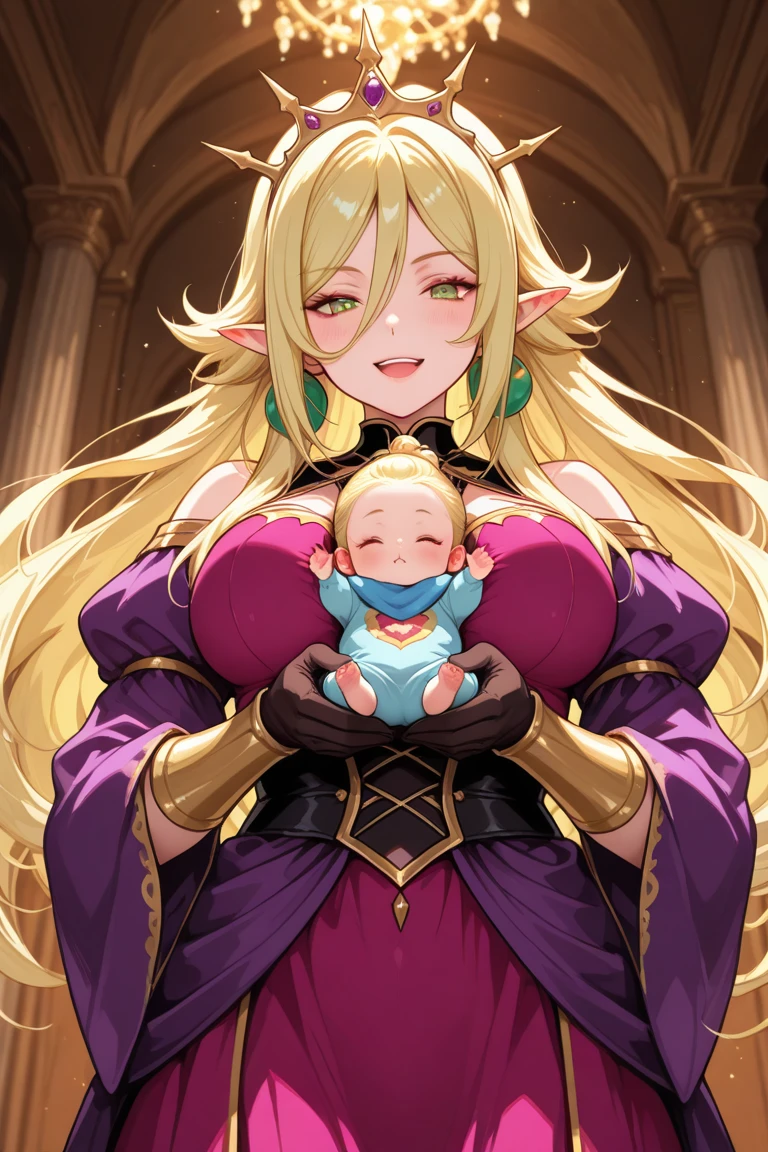 Wife, husband, daughter and baby、（((Women are１peopleだけ))）((best quality)), ((masterpiece)), (detailed), perfect face、Women areマジカルプリンセス、Holding the baby、Devil's horns grow、Ears become pointed and long、Earrings、Bracelet、necklace、Engagement Rings、Blonde、Feather hair ornament、Luxury accessories、Gorgeous tiara、Gold embroidery、（Black Veil）、The Demon Queen&#39;s Crown、衣服にGold embroidery、（black luxury dress）、Women are大魔王妃、Women are１people、((Cuddling with a man))、Stay close to your husband、Family photo、（((50 year old husband and 24 year old wife、５Year-old daughter and baby))）、Family Harmony、Marital harmony、((My 50-year-old husband is the Demon King、Devil horns growing))、((５歳の少Women are娘))、Husband and wife sit side by side on the throne、Husband and wife kissing、Husband and wife love each other