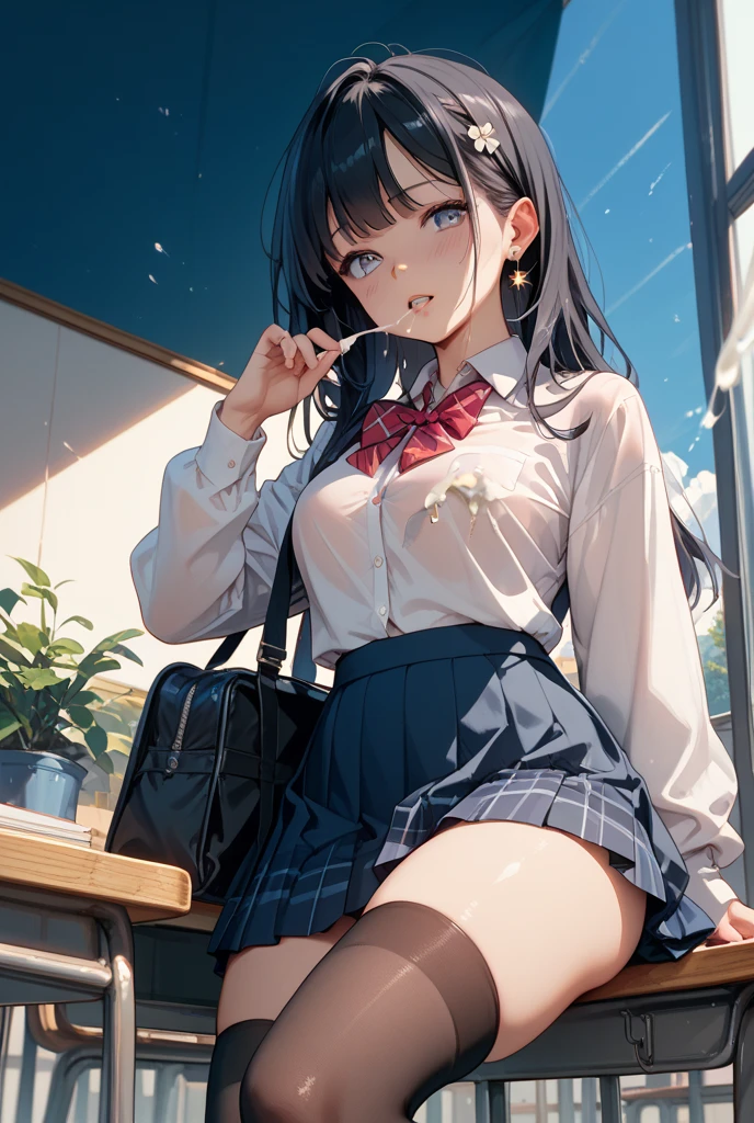 (masterpiece:1.2, top-quality), (realistic, photorealistic:1.4), beautiful illustration, 
looking at viewer, full body, front view:0.6, 
1 girl, japanese, high school girl, (long hair:1.5), blown hair, (half up, half updo), bangs, hair between eye, large breasts:0.8, 
beautiful hair, beautiful face, beautiful detailed eyes, beautiful clavicle, beautiful body, beautiful chest, beautiful thigh, beautiful legs, beautiful fingers, 
(beautiful scenery), , school,
((collared short sleeve shirt, white shirt, , grey plaid pleated skirt, blue plaid bow tie)), white panties, 
(standing, , lift up skirt, grab the hem of the skirt, hands on chest, hand between legs), 
blush, ,