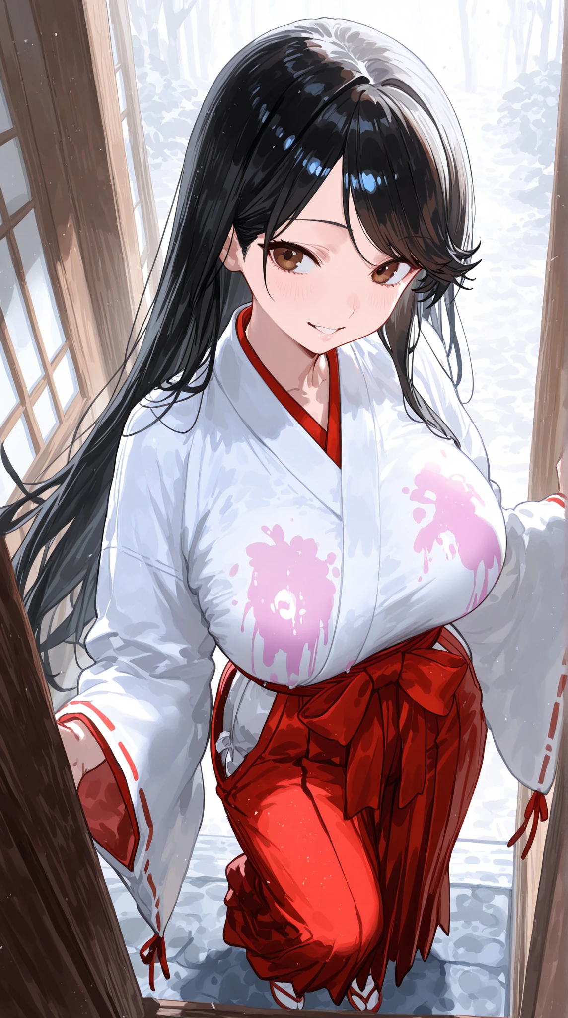 Nsfw,Snow Woman、Beautiful dark blue hair,Big Breasts、Long Hair,Yuki Onna,Cool look,White kimono,(high quality),(red eyes,Perfect Eyes,clear eyes),(cheek),Narrow eyes, Ice earrings,Adult women,Snowstorm in the background,Long sleeves,from_front,The kimono is transparent,skin is white,unamused,hair ICE ornaments,Japanese style room,(8K),straddle the Pov.,smile,(side braid),full body