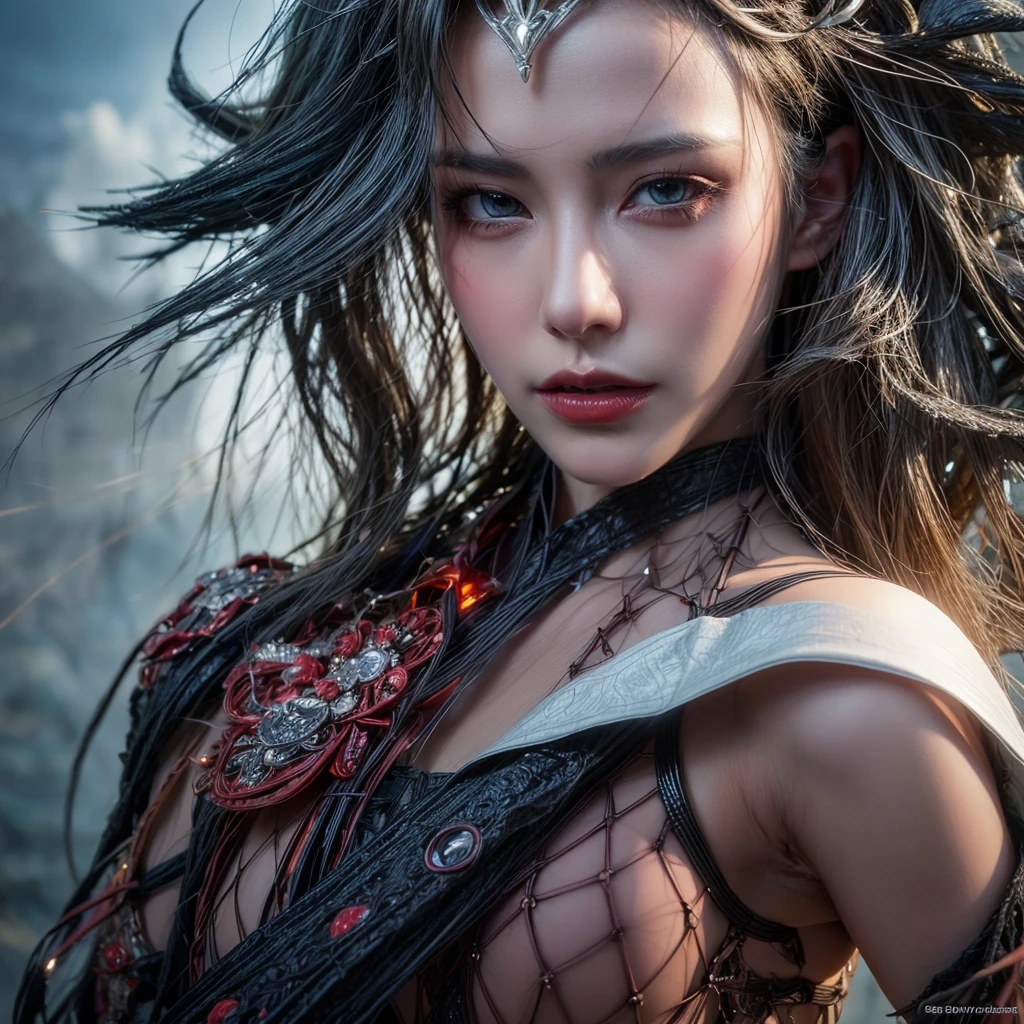 irelia from league of legends, a beautiful 24 years old woman, asian girl, dark blue long hair, blue eyes, fit body, she controls blades in the air, serious face, detailed photograph, 8k, uhd, high quality photo, bright day, grassland background, sexy girl, perfect body, perfect face, very big eyes, detailed face, detailed hands, detailed eyes, high detailed photograph, 16k, perfect woman face, nude