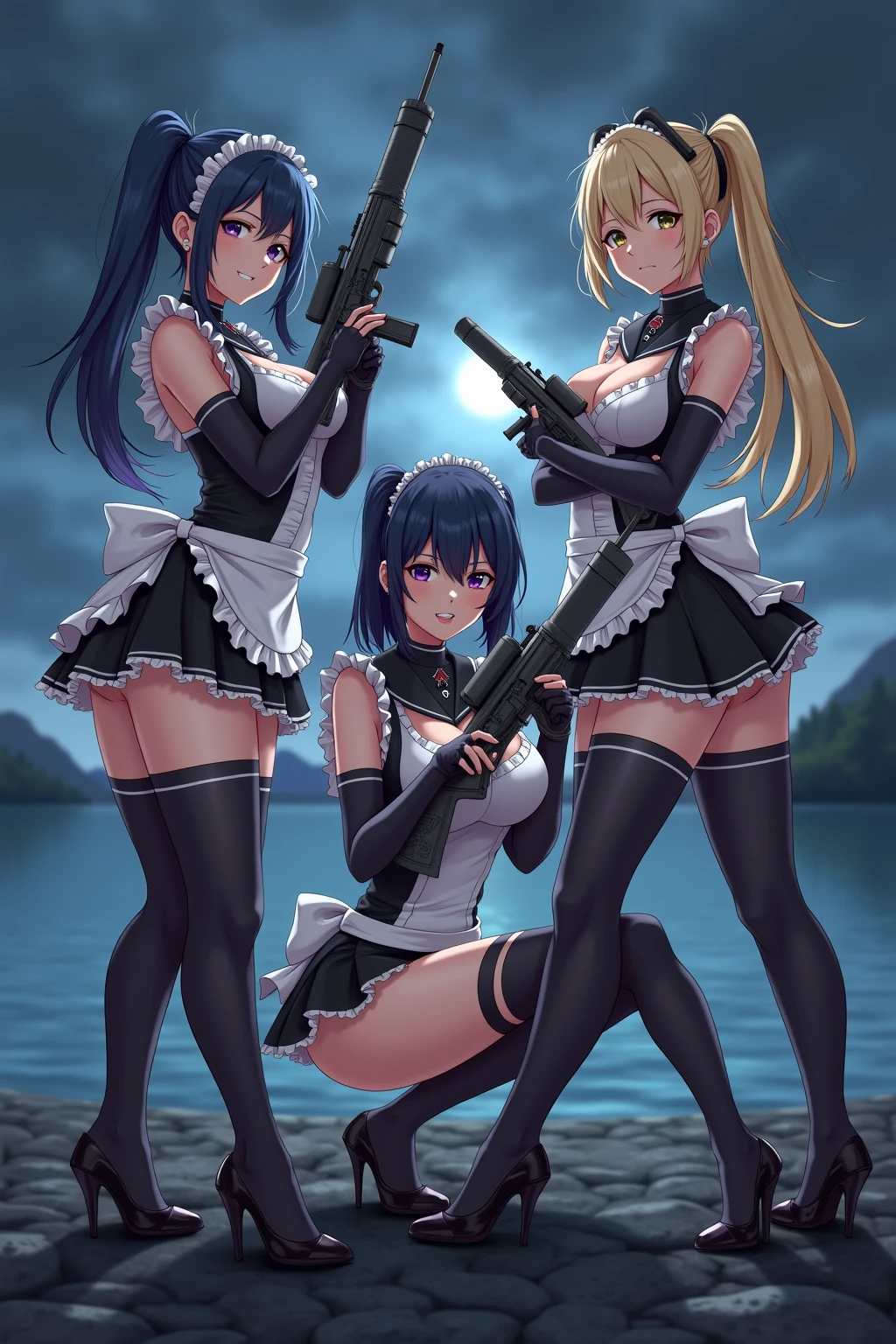 3 female military Israel with rifle name mia,emily,layla. Mia and Emily are full naked and mia have cock while layla aim at you,cover blood,in restaurants,aim st children, point at you full angry smile,mia suck her cock to Emily booty