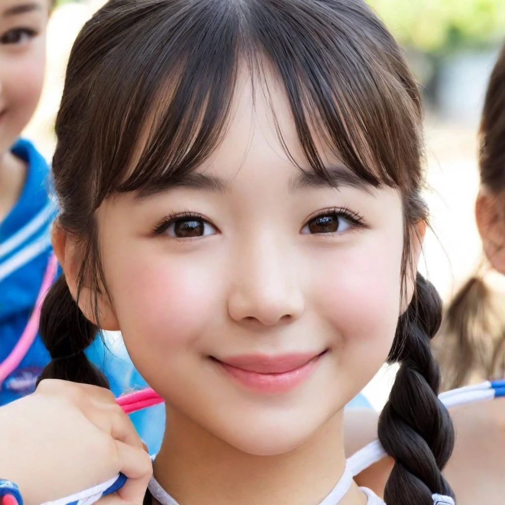 lens: 135mm f1.8, (Highest quality),(RAW Photos), (Tabletop:1.1), (Beautiful 9 year old Japanese girl), Cute face, (Deeply chiseled face:0.7), (freckles:0.4), dappled sunlight, Dramatic lighting, (Japanese School Uniform), (On campus), shy, (Close-up shot:1.2), (smile),, (Sparkling eyes)、(sunlight)