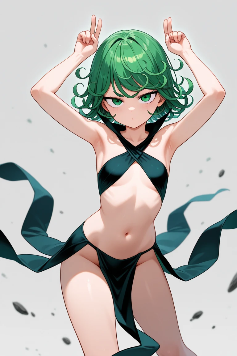 (1 girl, Alone, Masterpiece, 4k, Best Quality:1.2, (cowboy shot), Best Quality:1.2, good hands, showy, (perfect hands, perfect anatomy)),
Tatsumaki, transparent plastic micro bikini,poses,gypsy,tight, neckline, ((small breasts, medium hips, looking at the viewer)), pelvic curtain, latex, short hair, green fur, (((arms up, hands lifting your clothes, hidden hands))),
((simple background, White background)), from avajo,