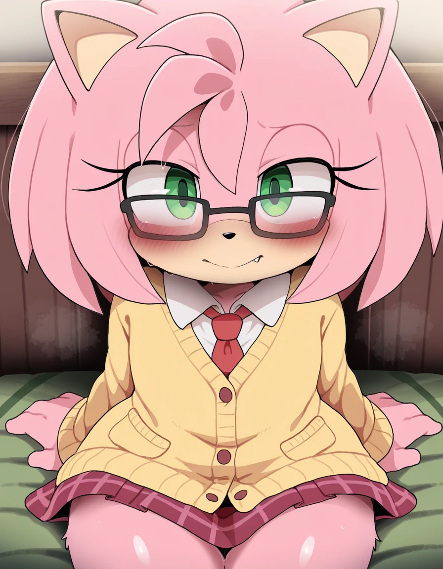 Furry girl, young, bat, magenta hair, long spiky hairstyle, emo bangs, red eyes, two tone body fur, Pink body fur, clear pink body fur, small breasts, bat wing on back, fangs, paws whit three toes, red glasses, school japanese cut shirt, school mini skirt, in classroom, sit on table, full body, detailed face, detailed body fur, detailed body, detailed eyes, glistering body, shiny body, :3, sassy face, anime style,