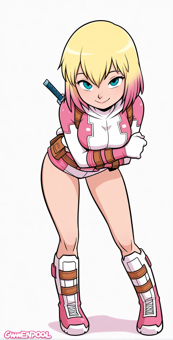 gwenpool, 1girl, weapon, blonde hair, multicolored hair, solo, blue eyes, sword, pouch, smile, mask, superhero, short hair, gradient hair, open mouth, belt, bag, white background, two-tone hair, pink hair, breasts, adapted costume, animification, gloves, belt pouch, looking at viewer, ripped leotard, camel toe, , boobs exposed, hard nipples, , pussy is exposed, cum on face , Naked