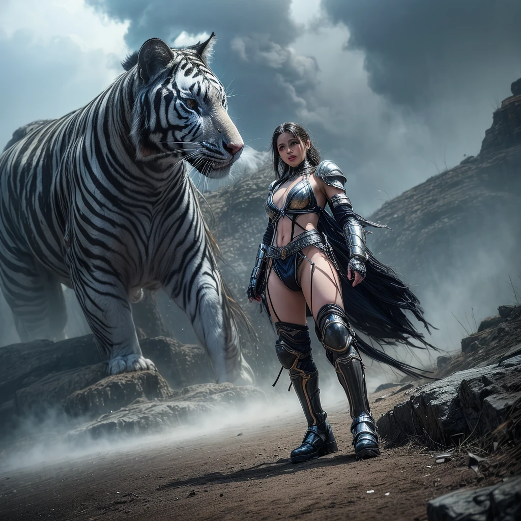 perfect face, cute girl, big breasts, busty body, black long hair, black bikini, riding a ferocious panther, grasslands