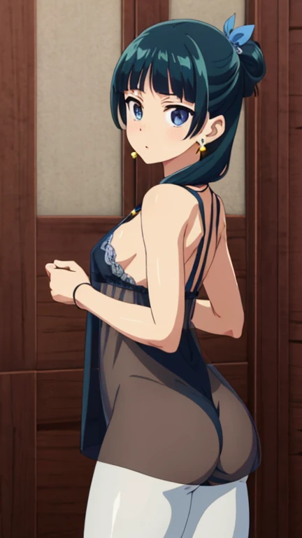 An illustration,masterpiece,girl,black hair,fine eyes,cleavage,small breasts,(erotic face),cabaret club,(vip room),Hostess,red backless dress,(show your back),(look back),bare shoulders,((whole body:1.3)),((black high heels:1.1)),brown eyes,(small sparkling earrings),Mouth closing,{Depth of bounds written},(particles of light:1.1)