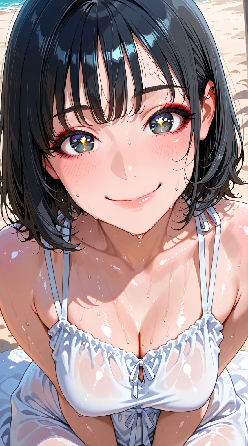 (pov Swimwear style) (beautiful body), (solo:2, 15 yo, curly:1.3 black hair long hair cute girl, ecstasy red eyes, ecstasy smile, love mode, medium tits), (in a Double exposure white one piece bustier swimsuit), break, in the Swimsuit contest venue, background detailed beautiful Coast, BREAK, perfect anatomy, masterpiece, best quality, 16k, beautiful detailed love, sexy, daydreaming expression.