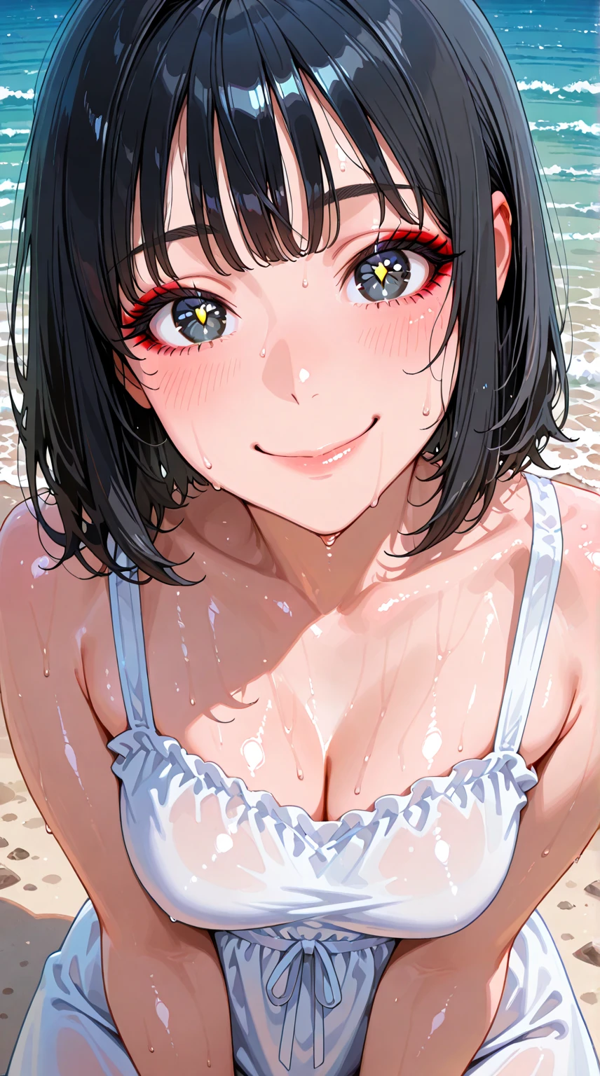 1 female、(Black Hair、short hair)、((Face zoom up:1.4)), ((Show off your、Show off your nipples)),((Gravure idol peeking out from the sea))、((Wet)), ((Open mouth and big smile:1.2)), (Colorful Swimsuits)、Sexy pose、((in the sea、tropical))、Composition looking up from below、Dynamic Angle、nsfw