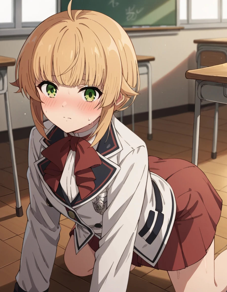 NSFW，POV，looking at viewer，
norngreyrat, norn greyrat, bangs, blonde hair, green eyes, ahoge,
long sleeves, bow，jacket, bowtie, red bow, skirt, red skirt, white jacket,
indoors, classroom, (embrassing,blush:1.2),(vapor:0.8),(Wet:0.8),(Sweat:0.8)，kneeling，blowjob，handjob
