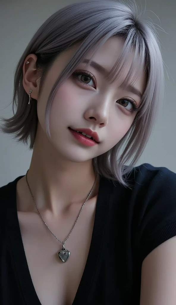Realistic, masterpiece, highest quality, Highest Resolution, A portrait of a Japanese woman depicting only the upper body, She looks happy、Smiling with mouth slightly open., Slightly to the side, Definitely watching the audience,(Pure erotic face Ace_v1),18-year-old,Beautiful detailed black eyes, Thin eyebrows, (Draw eyelashes carefully), Natural Makeup, Brown eyeliner, (Bright orange cheeks), Bright colored lipstick, ((Short silver hair with blue tips)),Floating hair,Pure Bangs, Detailed face,Big Breasts,Nipple bumps:1.5,Perfect slender body style,((A simple black tight knit turtleneck sweater)),Simple design silver earrings, Silver necklace with small crescent charm,
