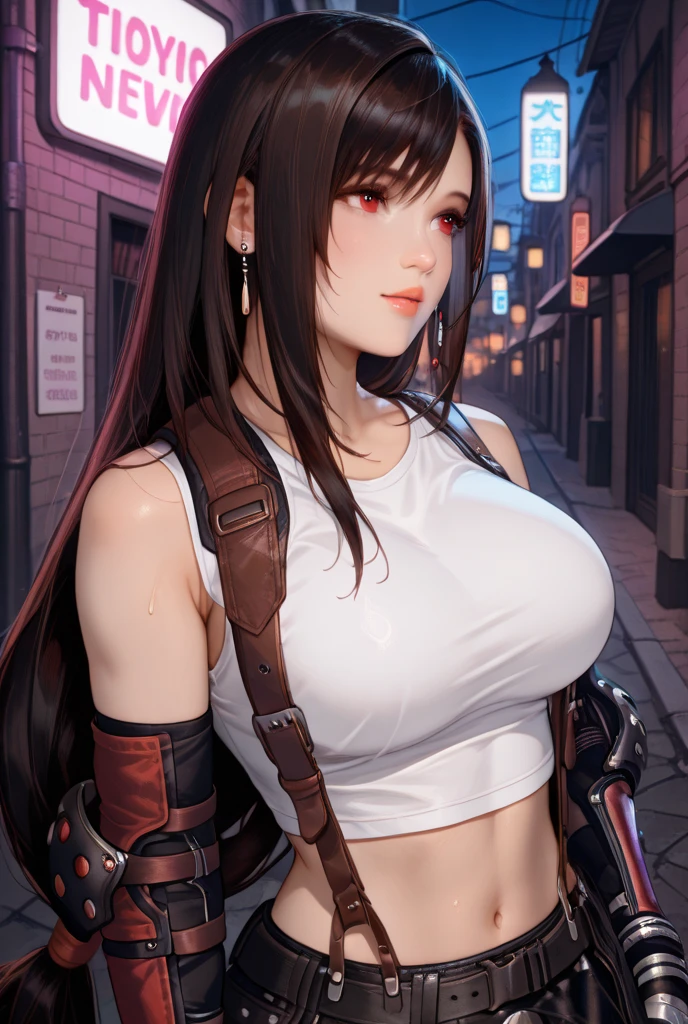 (8k, best quality, masterpiece:1.2), (realistic, photo-realistic:1.37), ultra-detailed, 1 girl,cute, solo, (tifa lockhart), (huge breasts:1.5),(beautiful detailed eyes), (smile:1.2), (closed mouth), erotic pose, dancing, depth of field, dark intense shadows, sharp focus, depth of field, good composition, Final Fantasy VII, (black miniskirt:1.1), (white tank top) suspenders, stockings, arm brace, red gloves, (black choker) full body, head rest, lips, pretty face, low-tied long hair, ((red_eyes:1.2)), (night:1.3), intricate, bokeh, cinematic lighting, photon mapping, radiosity, physically-based rendering, (Tetsuya Nomura style), nsfw, perfect breasts, in a field, river and mountians in background