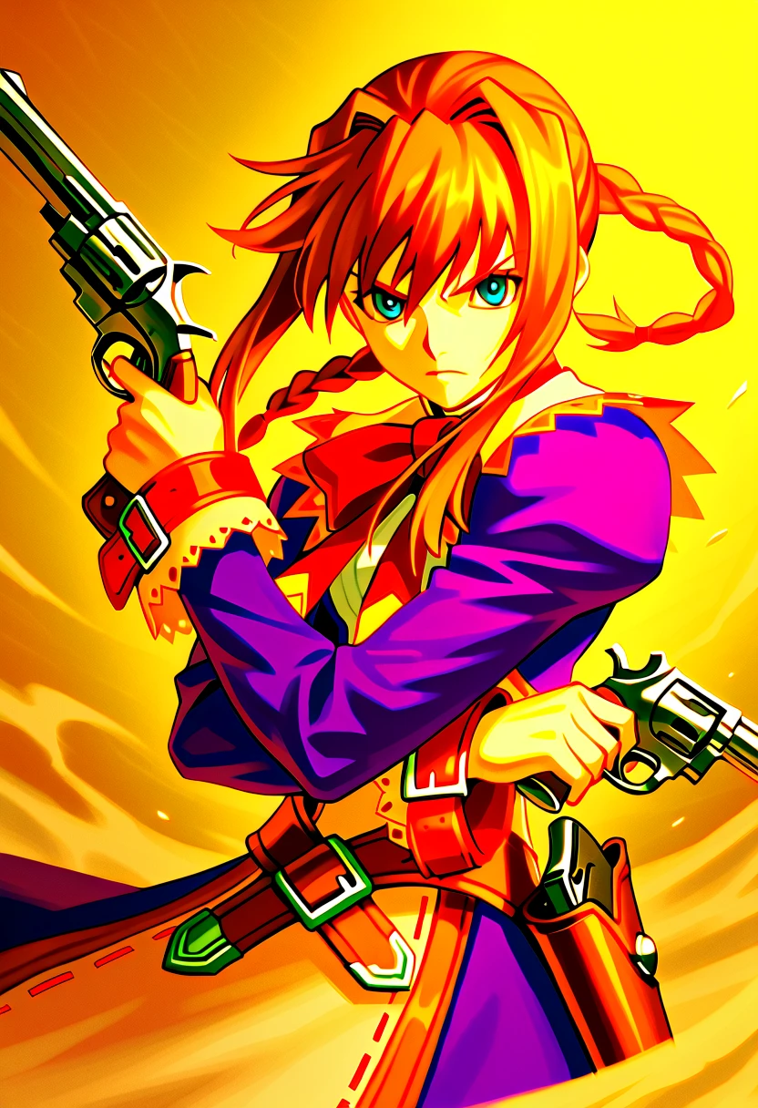 ((holding to dual pistols of two hand:1.5)), (ready your gun of two hand:1.5), (two arms), (revolver pistol of two:1.5), ultra quality, ultra details, 8k, (Virginia Maxwell), purple clothes, gun holster, (WILD ARMS Advanced third), braids hair, 1girl, solo, beautiful girl, serious, battle action, wilderness, wind blows, sand dust,