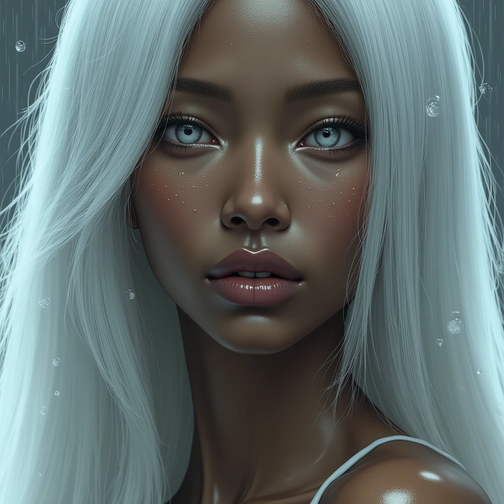 Rabbit woman with brown skin, white hair, red eyes, muscular, big breasts, wearing swimming clothes