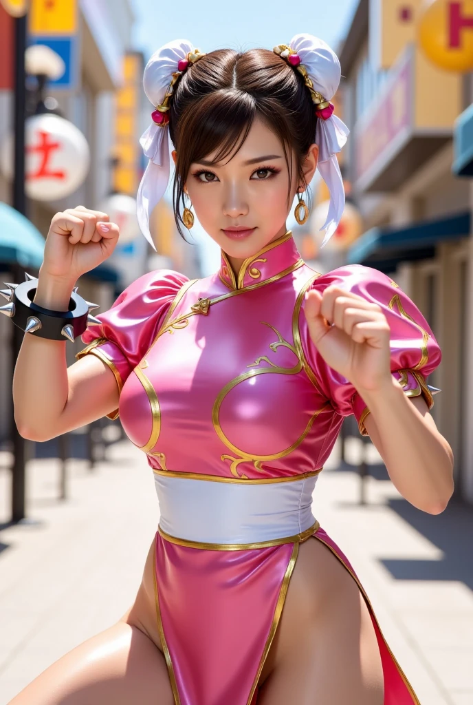 (highest quality、8K、32k、masterpiece、UHD:1.2、perfect body beauty:1.5、Wearing a futuristic hero suit with a pale pink and white shine:1.8、rain、street、Cute 25 year old Japan woman、big and full breasts:1.5、ponytail、Upper body、front、simple background、looking at the viewer、dynamic pose:1.2、sunlight pours down、NSWF:1.2